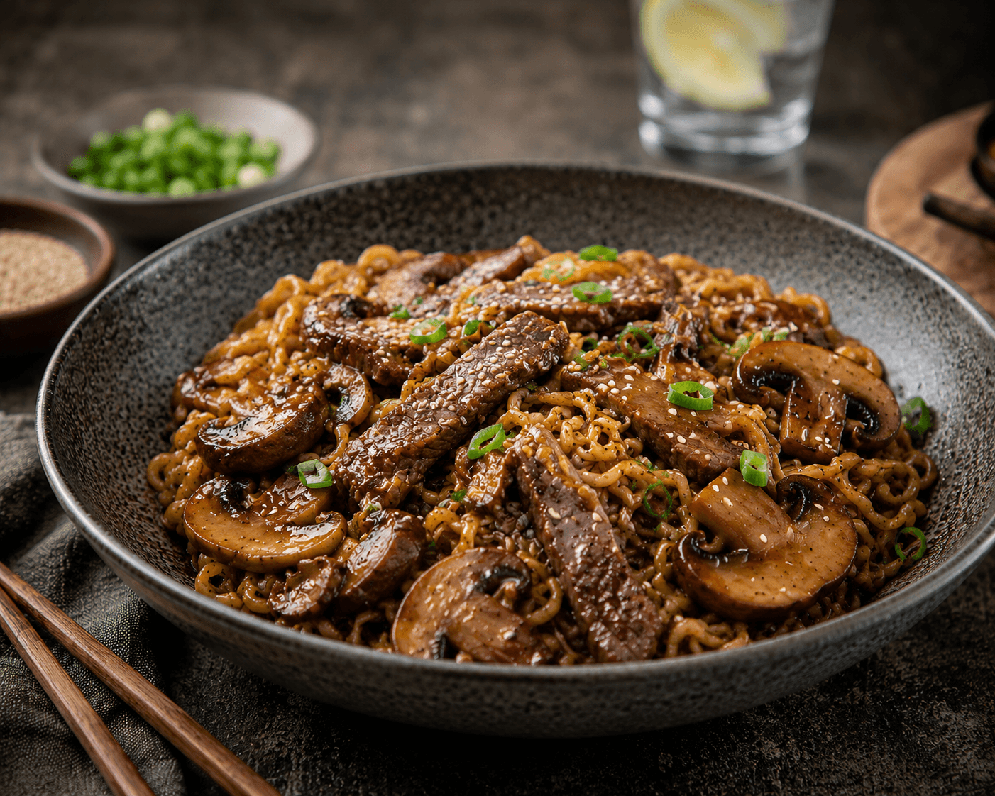 Beef noodles recept met biefstukreepjes, gebakken kastanjechampignons en glanzende noodles in een donkere kom.