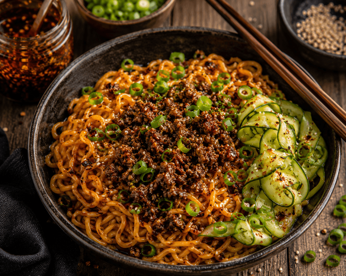 €3,10 • CHINESE CHILI OIL NOODLES MET KROKANT GEHAKT.
