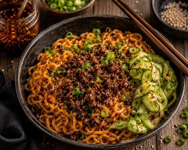 Chinese chili oil noodles met krokant gehakt, komkommerlinten, bosui en sesam in een donkere kom.