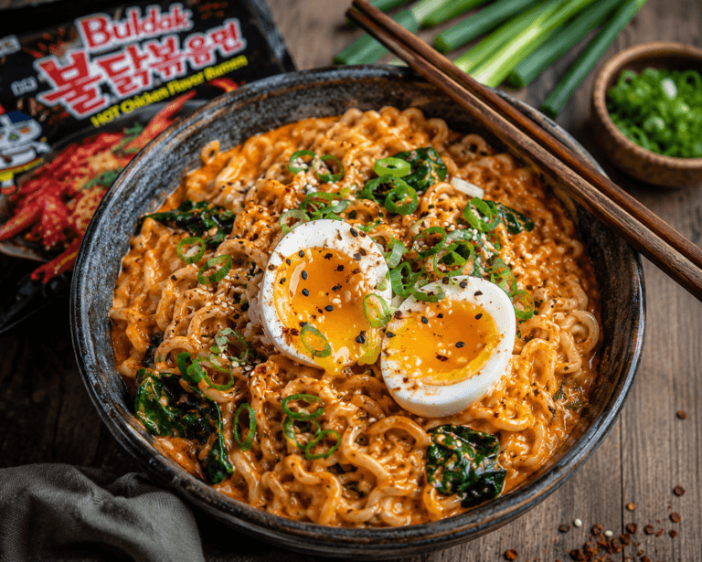 Creamy Korean buldak noodles met ei, bosui en sesam in een donkere keramieken kom.