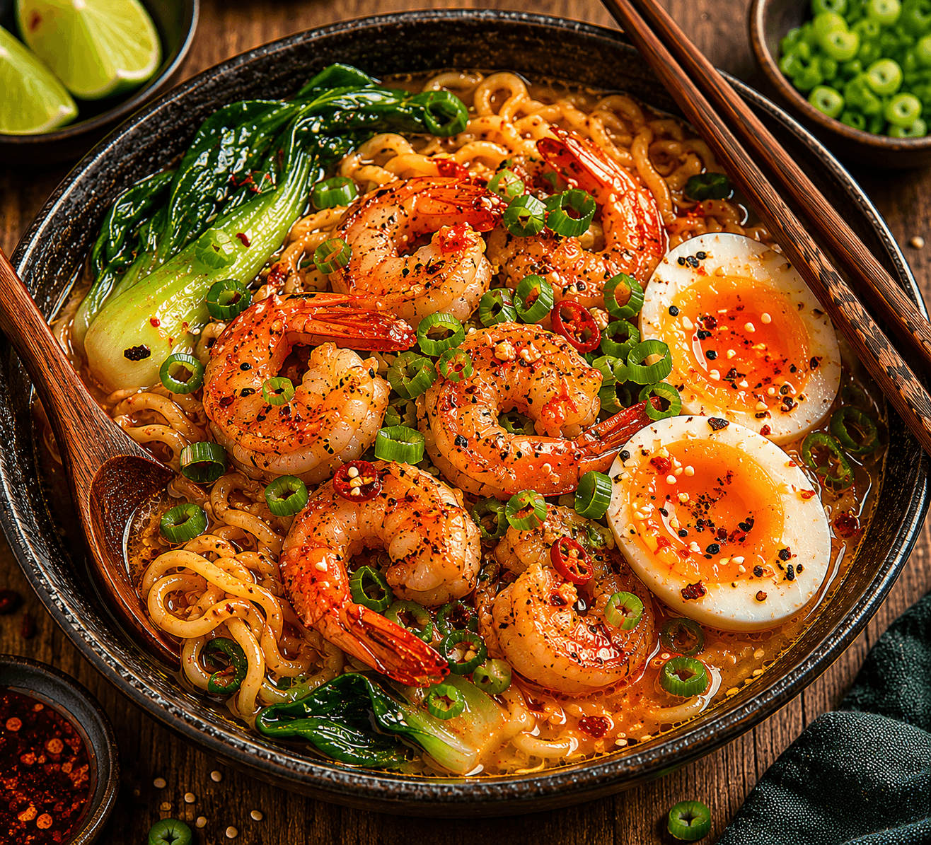 Ramen met garnalen, zachtgekookt ei, paksoi en bosui in een diepe donkere kom op een houten tafel.