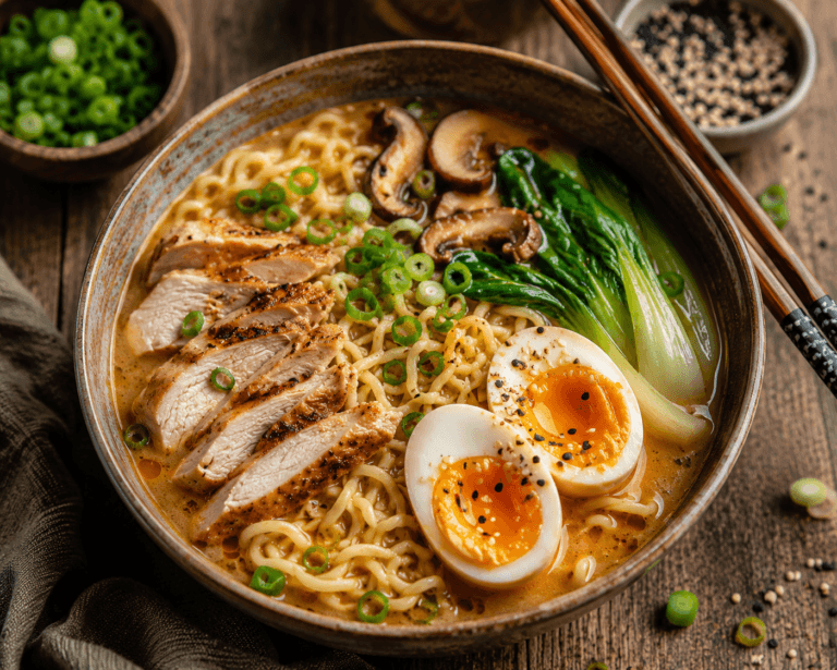 Japanse miso ramen met kip in een diepe kom met zachtgekookt ei, paksoi, champignons en bosui.