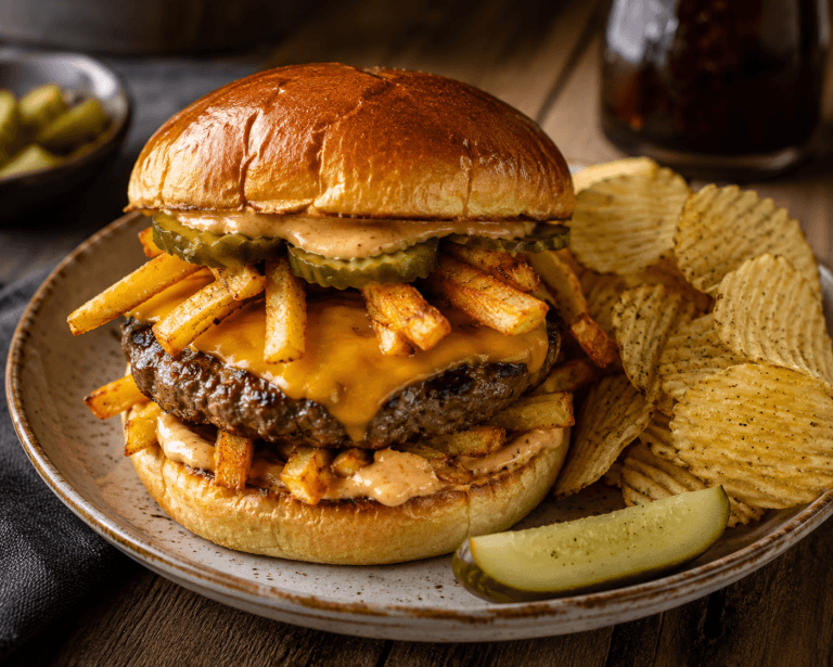 Juicy hamburger met frietjes, gesmolten cheddar en augurk op een broodje met chips als side.