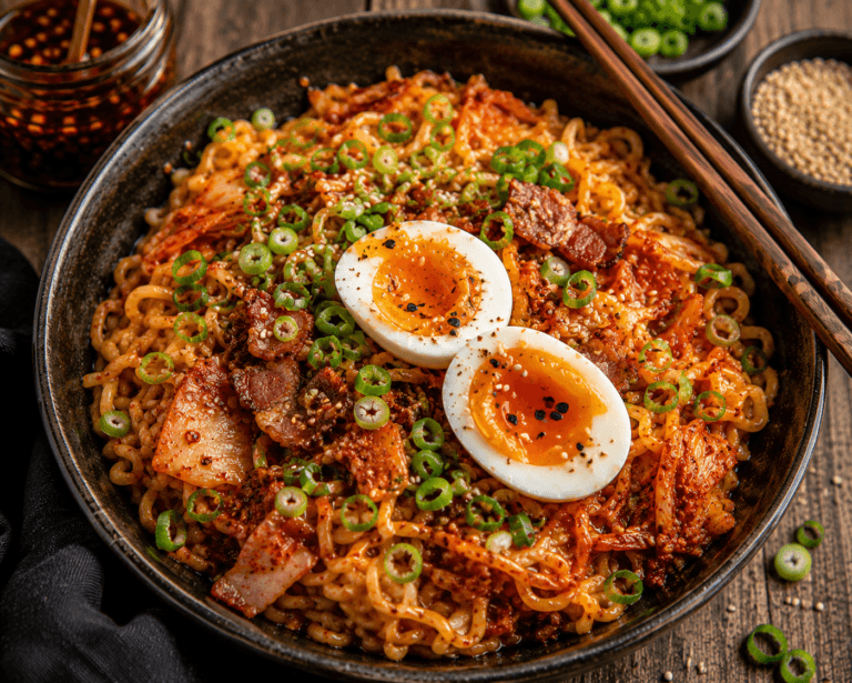 Loaded kimchi noodles met zachtgekookt ei, kimchi, bosui en sesam in een donkere keramieken kom.