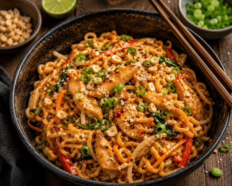 Peanut butter satay noodles met kip, bosui, pinda’s en romige saus in een donkere keramieken kom.