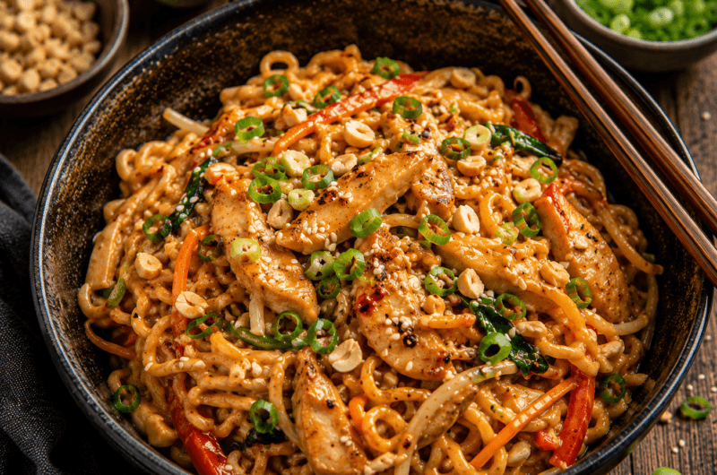 Peanut Butter Satay Noodles met Kip