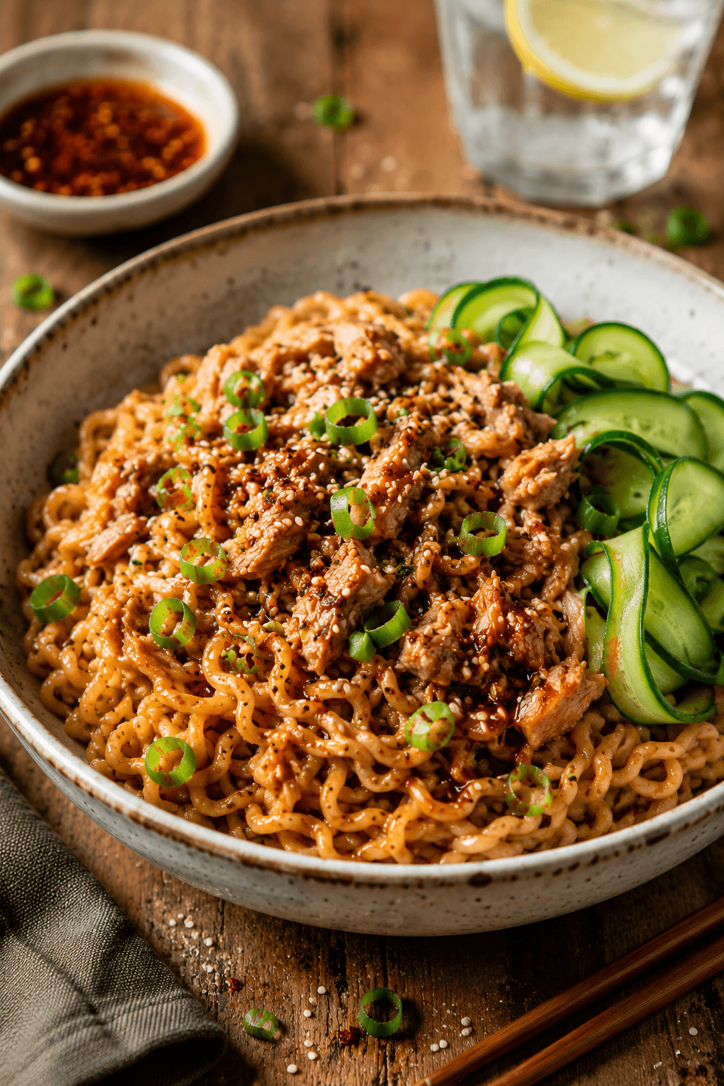 Tonijn noodles met pittige saus, komkommerlinten, bosui en sesam in een moderne keramieken schaal.
