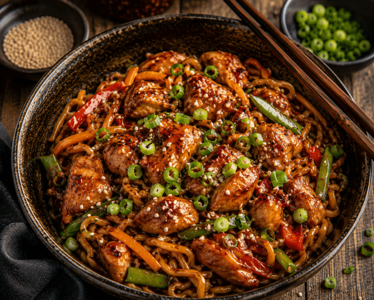 Sticky chicken noodles met malse kip, bosui en sesam in een donkere keramieken kom.
