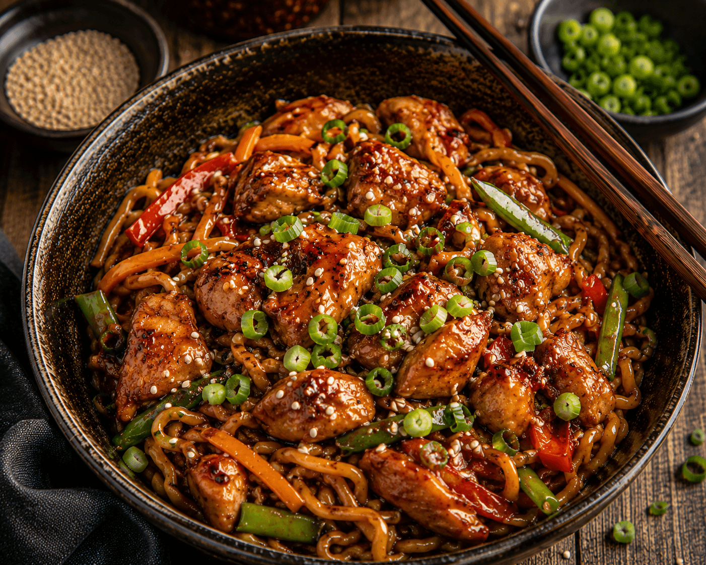 Sticky chicken noodles met geglaceerde kip, bosui, sesam en groenten in een keramieken kom.