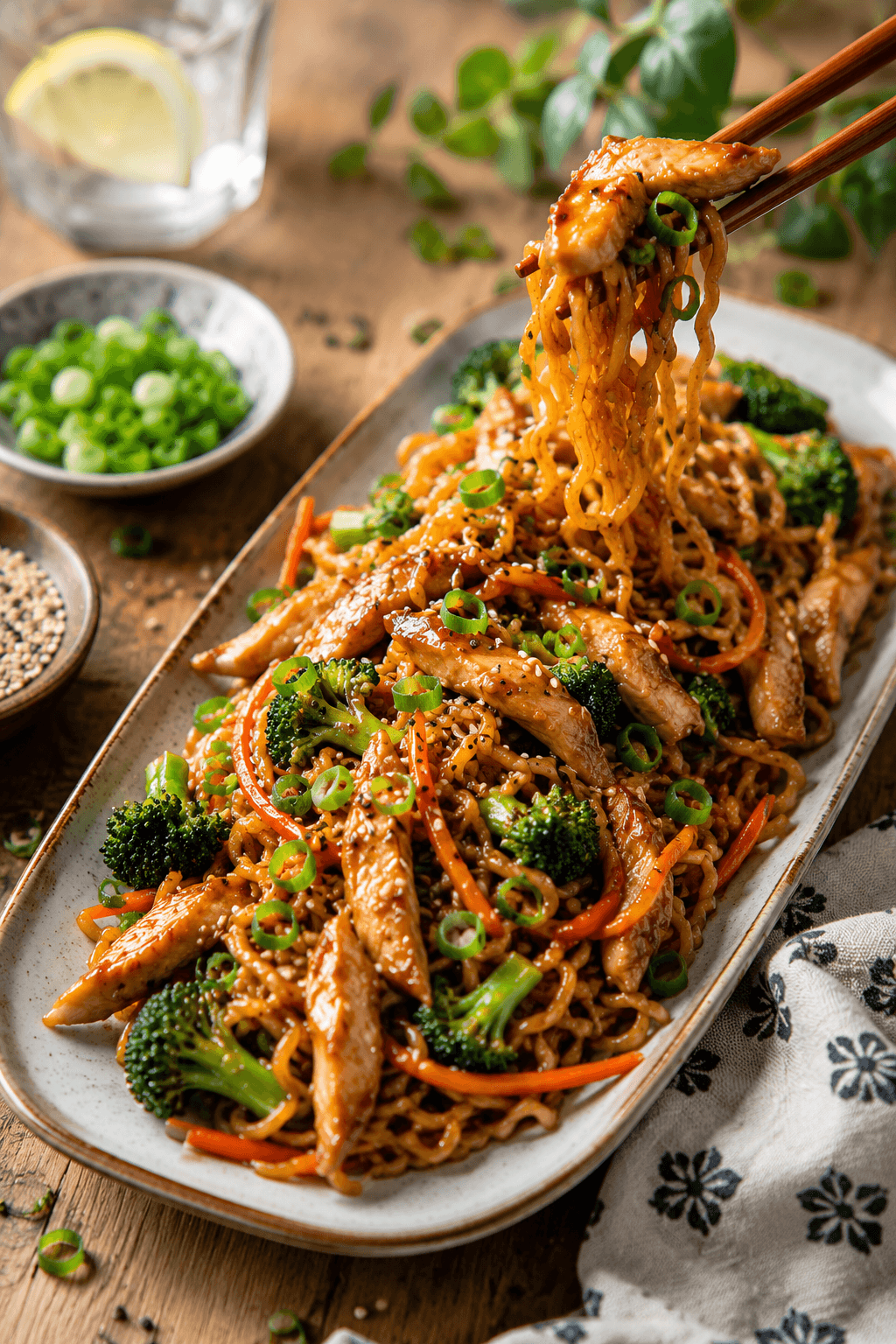 Teriyaki noodles met kip, broccoli, wortel en sesam op een langwerpig Japans bord met chopsticks.