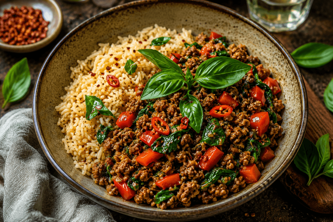 €2,90 • THAISE BASILICUM RIJST MET RUL GEHAKT