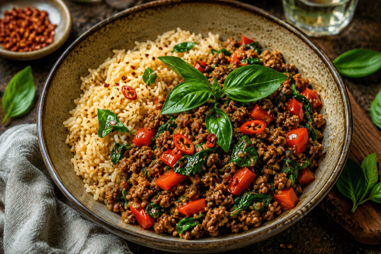 Thaise basilicum rijst met rul gehakt, spinazie en paprika geserveerd in een rustieke kom.