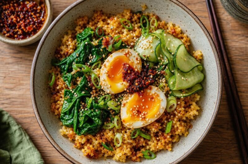 Krokante rijstbowl met ei en chili-crisp