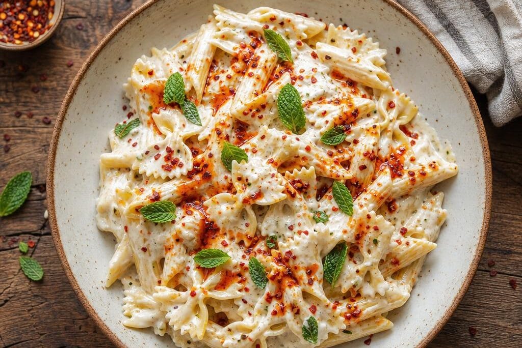 €1,90 • TURKSE PASTA MET KNOFLOOKYOGHURT EN CHILIBOTER.