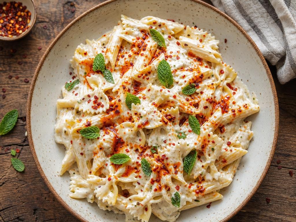 €1,90 • TURKSE PASTA MET KNOFLOOKYOGHURT EN CHILIBOTER.